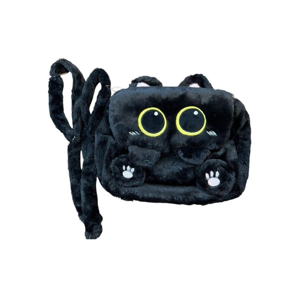 Faux Fur Plush Black Kitty Cat Backpack Stuffed Animal Bag Cute Girls Purse New